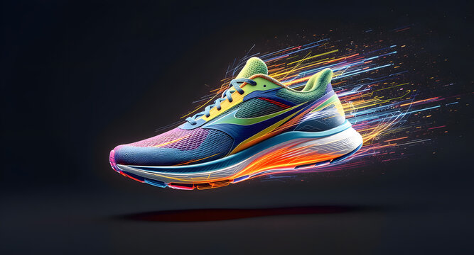 Vibrant athletic running shoe with dynamic light trail effects.