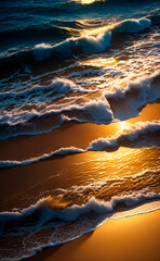 Sea surf, colorful vertical illustration. Close-up of wave crashing on shore at night, illuminated by golden light