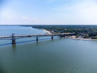 Aerial view of the Coleman Bridge spanning the York River in Yorktown, Virginia