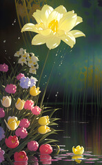  Illustration of yellow lotus or lily and other colorful flowers on dark pond background. Water flower art,  vertical fantasy design