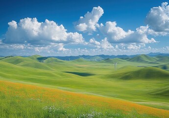 Obraz premium A Serene Landscape of Rolling Green Hills with Wind Turbines and Dramatic Cloudy Sky Underneath a Bright Blue Atmosphere