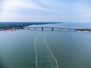Fototapeta premium Aerial view of the Coleman Bridge spanning the York River in Yorktown, Virginia