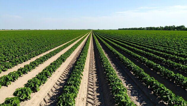 Vast field of green plants in rows