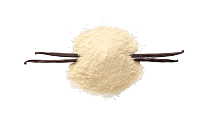 A pile of light brown vanilla bean powder with two dark vanilla pods crossing through it isolated on transparent background