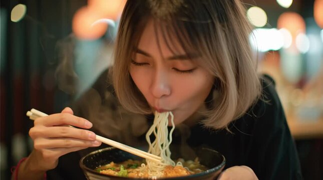 young Korean woman eating ramen deliciously, expressive face, soft steam rising from hot noodles,