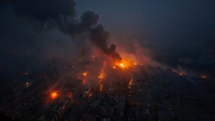 Aerial view of devastating fire disaster in city at night with smoke and destruction