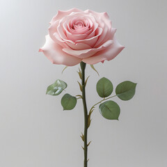 A delicate light pink rose with green leaves isolated on white background
