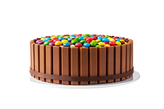 Delicious chocolate cake decorated with colorful candy and kit kat bars isolated on transparent background