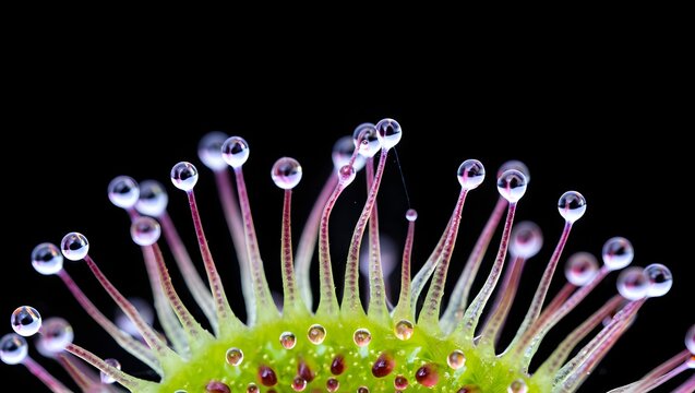 Close up macro sundew drosera capensis carnivorous plant sticky tentacles dew drops