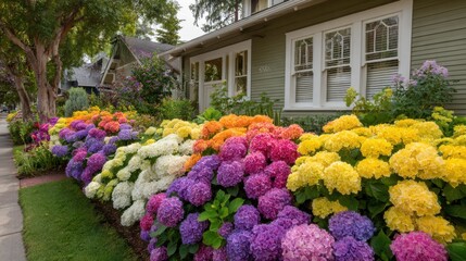 Lush hydrangeas in shades of purple, yellow, and white create a colorful border along a quaint house's front yard on a bright sunny afternoon. The vibrant scene showcases suburban beauty.