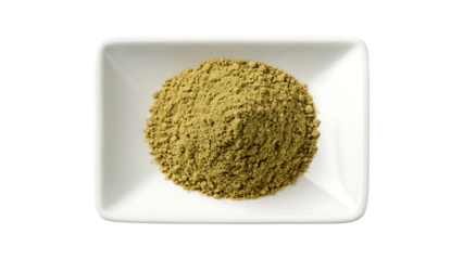 A small white square bowl filled with dried fenugreek seeds isolated on transparent background