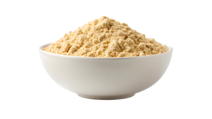 A white bowl filled with a generous portion of light yellow chickpea flour isolated on transparent background