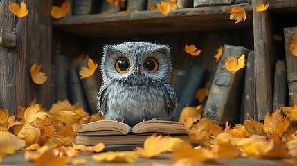 Obraz premium Adorable Owl Reading a Book Surrounded by Autumn Leaves in a Cozy Library Setting