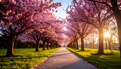 Fototapeta premium Sunlit Cherry Blossom Path.