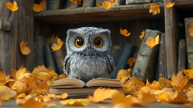Adorable Owl Reading a Book Surrounded by Autumn Leaves in a Cozy Library Setting