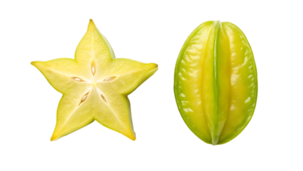 Two yellow star fruits one whole and one sliced isolated on transparent background