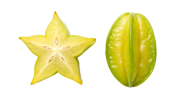 Two yellow star fruits one whole and one sliced isolated on transparent background