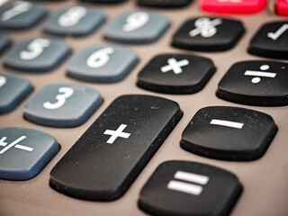 Close-up of calculator showing basic operation keys: +, –, ×, ÷.