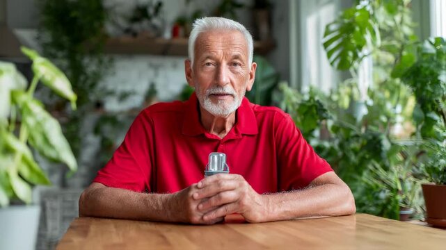A man in a vivid red shirt stands by a kitchen table holding an incentive spirometer while seated. The calming ambiance includes green plants in the background emphasizing a nurturing