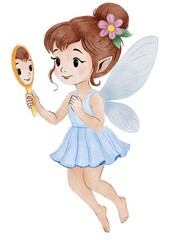 A lovely flying fairy holding a mirror, with delicate wings and a blue dress. Her hair is tied in a bun with a flower accessory. Perfect for children’s projects and fantasy themes.