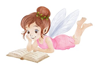 A sweet little fairy lying on her stomach while reading a book. She wears a pink dress and has translucent wings. Great for storytime themes, nursery decor, and educational content. © AuroraPolaire
