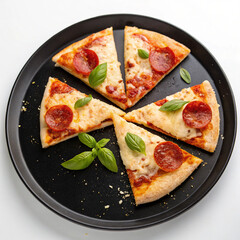 Delicious pepperoni pizza slices arranged on a black plate isolated on white background