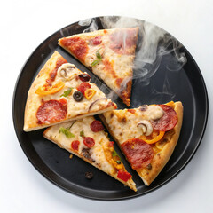 Four slices of hot steaming pepperoni pizza on a black plate isolated on white background
