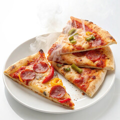 Steaming pepperoni and vegetable pizza slices on a white plate isolated on white background