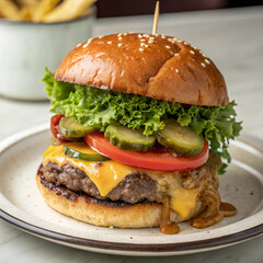 Juicy cheeseburger with lettuce tomato and pickles isolated on white background