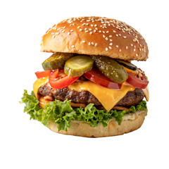 Juicy cheeseburger with pickles and tomatoes isolated on white background