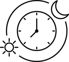 Clock With Day And Night Icon. Circadian rhythm Outline Symbol. day and night Transition. clock with sun. isolated on white background. Editable Stroke. Vector Illustration.

