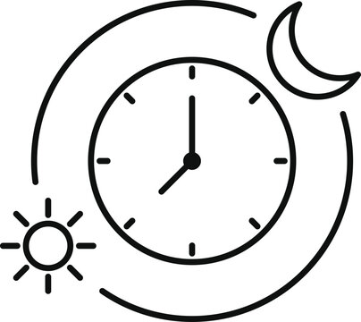 Clock With Day And Night Icon. Circadian rhythm Outline Symbol. day and night Transition. clock with sun. isolated on white background. Editable Stroke. Vector Illustration.
