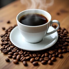 Fototapeta premium A white cup of steaming coffee placed on a saucer, surrounded by a pile of coffee beans