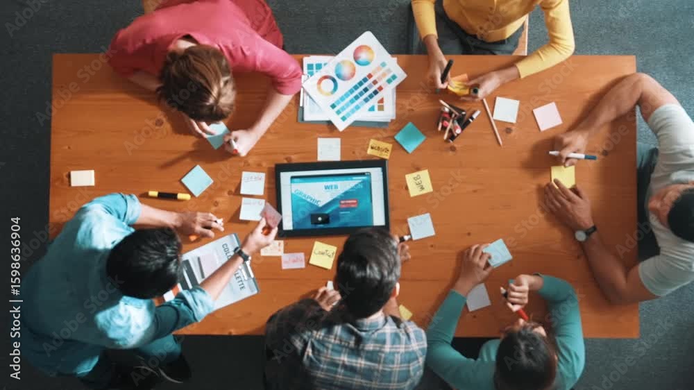 Poster top view of skilled business people working together to design web design. aerial view of designer b