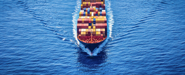 Aerial front view of a large container cargo freight ship sailing over the ocean with copy space as a banner