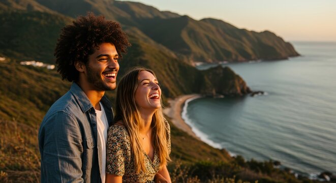Joyful diverse couple sharing laughter while overlooking stunning coastal bay at sunset. Dramatic cliffs and golden light create perfect romantic scene. Ideal for travel and relationship content.