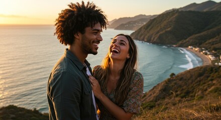 A happy diverse couple shares a romantic moment, laughing together against a breathtaking backdrop of a coastal sunset. Perfect for themes of love, travel, and adventure.