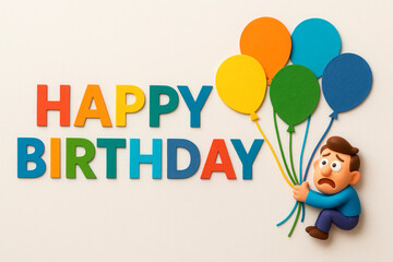The inscription Happy Birthday is made of paper, a man holds balloons.