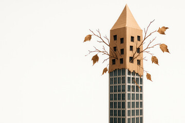 A high-rise, the top of which turns into a cardboard house with branches. Space for text.