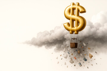 A balloon in the form of a gold dollar and clouds of smoke flying among the garbage. Space for text.