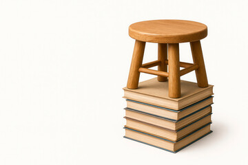 A wooden stool stands on a stack of books on a light background. Space for text.