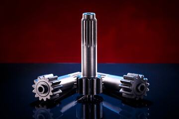 Three polished metal shafts stand on a dark surface