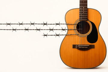 Guitar with barbed wire stretched instead of strings, insulation on a light background. Space for text.