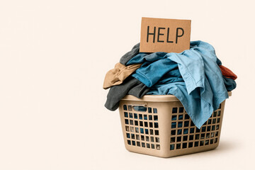 A basket with dirty clothes and a HELP sign on top, a light background. Space for text.