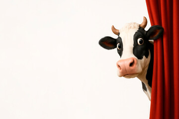 A funny cow peeks out from behind the red theater curtain. Space for text.