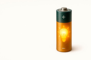 A battery with a light bulb on the case, a symbol of energy and ideas. Space for text.