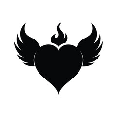 Fiery heart with angel wings silhouette vector graphic design