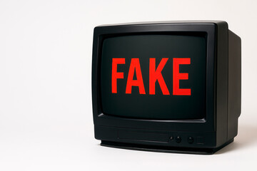 The inscription FAKE on the screen of an old TV on a white background. Space for text.
