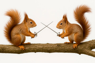 Two squirrels fighting swords on a tree branch on a white background.