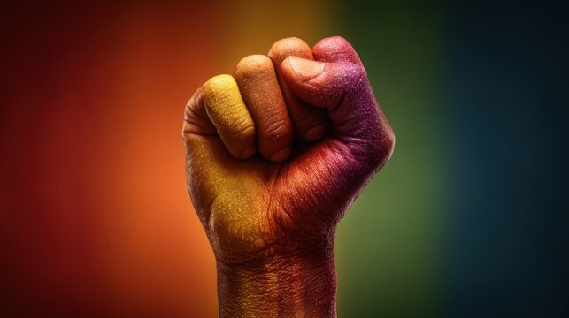 A fist, adorned with bright colors symbolizing unity and pride, is raised against a colorful background, representing strength and activism during a cultural celebration.